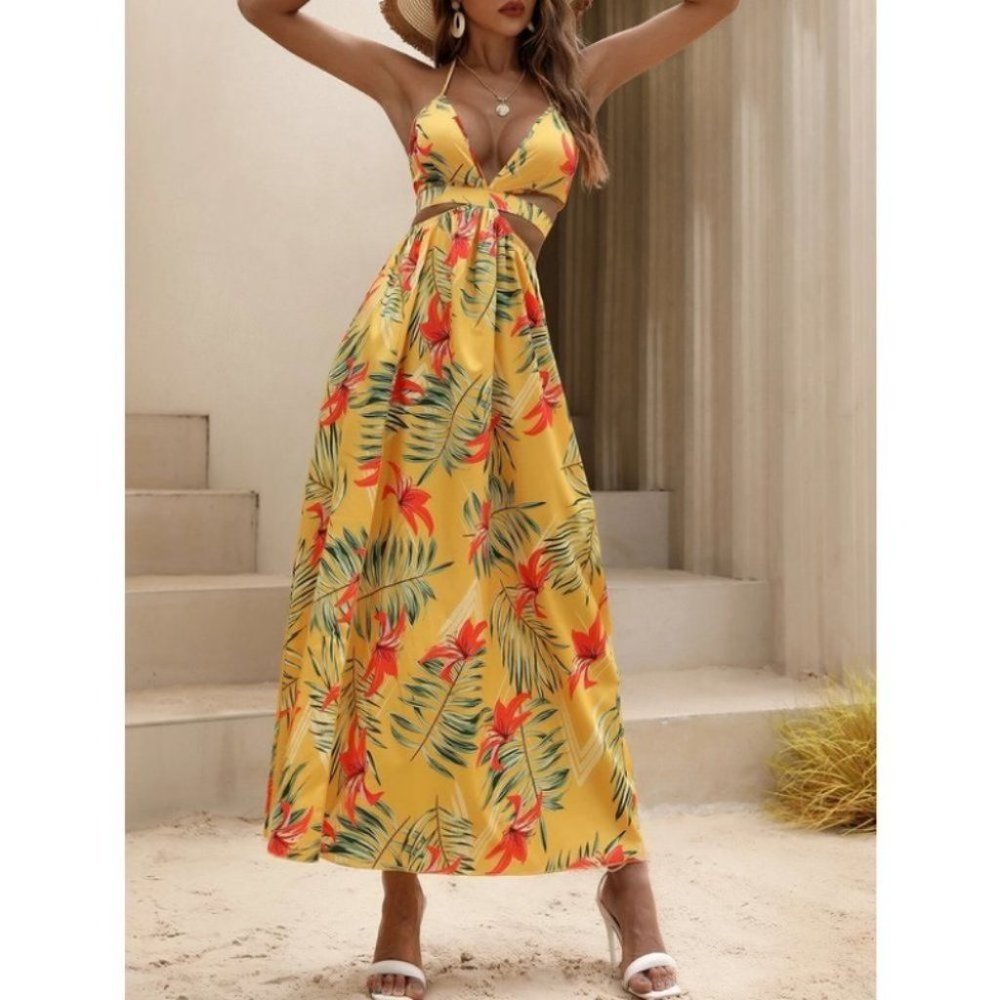 Yellow Tropical print Maxi dress with thigh slit - Picture 2 of 10